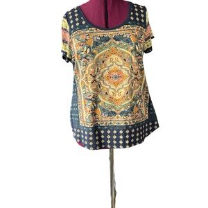 Lucky Brand Short Sleeve Medallion Print Top - Navy, Mustard, Coral